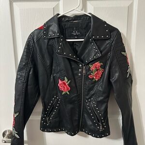 Collection B Black Leather Jacket with Red Floral Embroidery